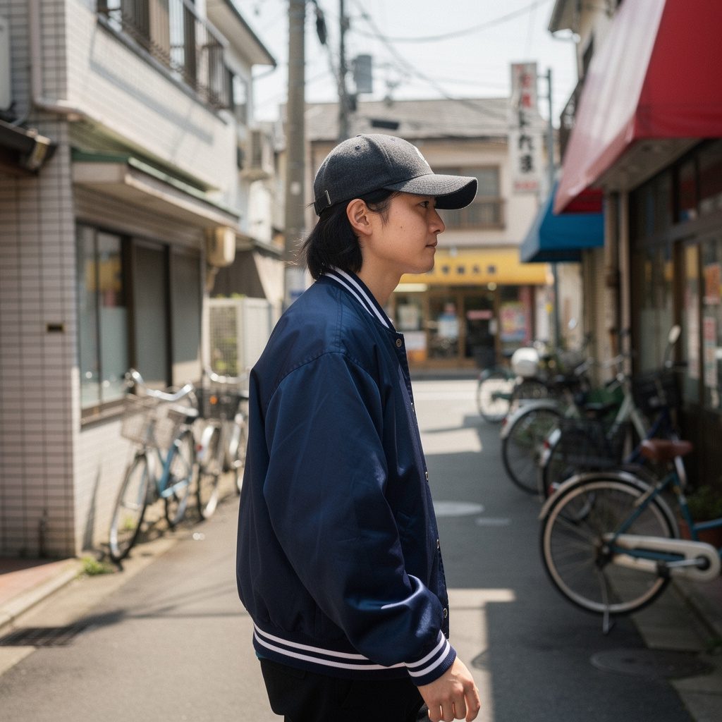 大阪の街を歩くスタジアムジャケットとキャップ姿の若者